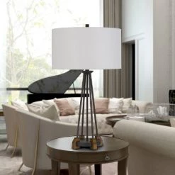 31.25" Metal/Wood Bellewood Table Lamp with Fabric Drum Shade Textured Bronze - Cal Lighting