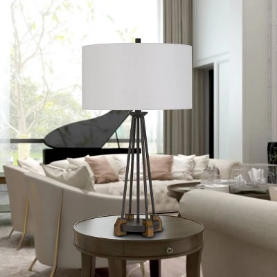 31.25" Metal/Wood Bellewood Table Lamp with Fabric Drum Shade Textured Bronze - Cal Lighting 3 31.25" Metal/Wood Bellewood Table Lamp with Fabric Drum Shade Textured Bronze - Cal Lighting