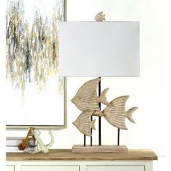 Rona Carved Fishes Table Lamp with Rectangle Shade Beige - StyleCraft