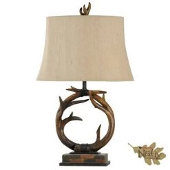 Dalton Brown Antler Table Lamp with Beige Hardback Fabric Shade - StyleCraft