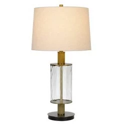 31" Morrilton Glass and Metal Table Lamp with Wood Poles Hardback Fabric Drum Shade Antique Brass - Cal Lighting