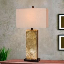 Hammertone Mercury Glass & Antique Brass Metal Pillar Table Lamp Brown - Fangio Lighting
