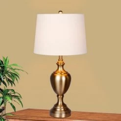 2pk Pedestal Base Metal Table Lamps in Plated Antique Gold/Brass - Fangio Lighting