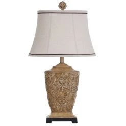 Tortola Carved Cream Table Lamp with Natural Softback Fabric Shade - StyleCraft