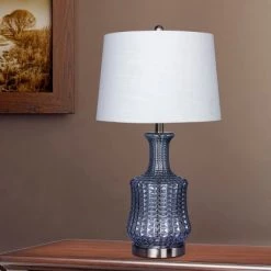 Modern Riveted Glass & Brushed Steel Metal Genie Bottle Table Lamp Blue - Fangio Lighting