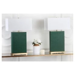 (Set of 2) 27.8" Joyce Faux Woven Leather Table Lamp (Includes CFL Light Bulb) Dark Green - Safavieh