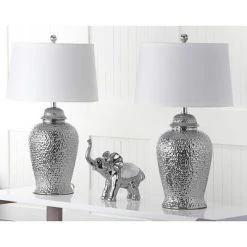 (Set of 2) 27.5" Sterling Ginger Jar Lamp Silver (Includes CFL Light Bulb) - Safavieh