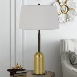 30" Metal Rimini Desk Lamp with Linen Drum Shade Black/Antique Brass - Cal Lighting