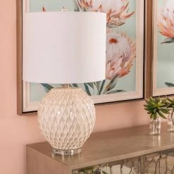 Tabitha Quilted Design Table Lamp with Acrylic Detail Drum Shade White/Gray - StyleCraft