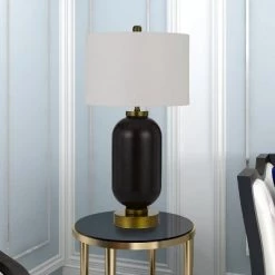 34" Sycamore Glass Table Lamp with Drum Shade Antique Brass/Black - Cal Lighting