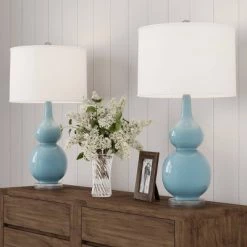 Trademark Global Set of 2 Ceramic Double Gourd Table Lamps (Blue)