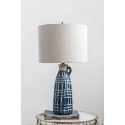 Stoneware Table Lamp with Embossed Grid Pattern - 3R Studios