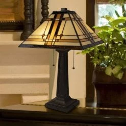 Trademark Global Tiffany Style Table Lamp-Mission Design Art Glass (Includes LED Light Bulb)