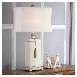 32" Amiliana Glazed Tassel Lamp Cream (Includes CFL Light Bulb) - Safavieh